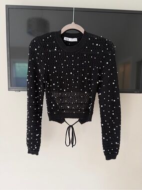 Zara Black Cropped Sweater with Pearl Details